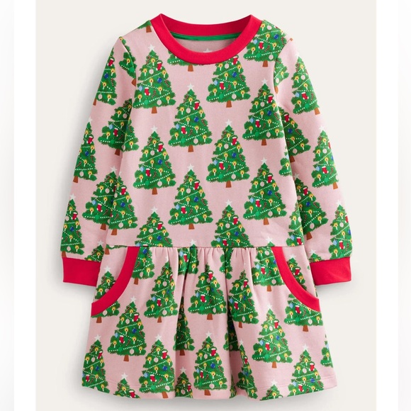 Mini Boden Other - New with tags Mini Boden Pink Christmas Tree Printed Sweatshirt Dress Sz 9-10y
